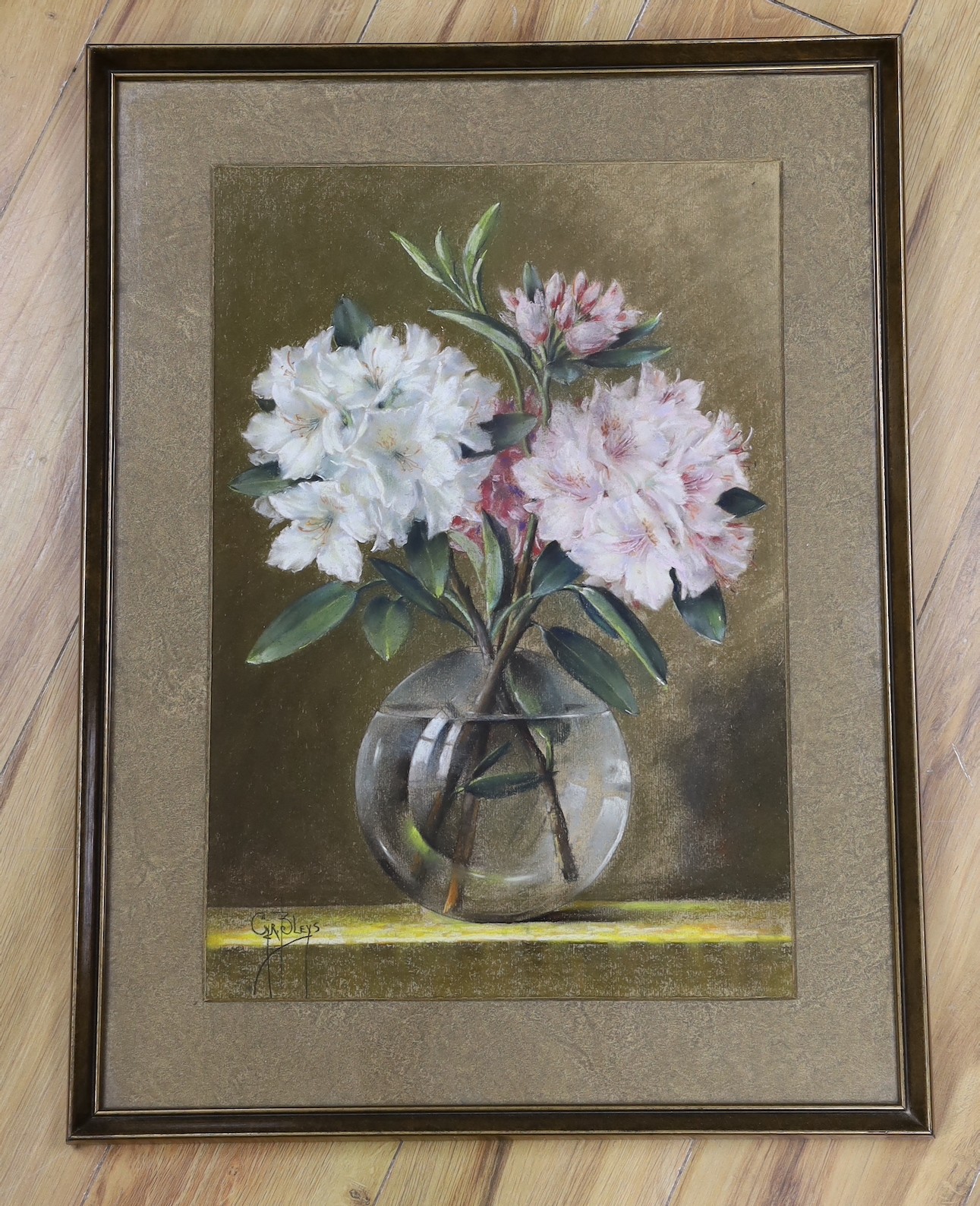 Adrianus Cyriacu Bleys (Dutch, 1842-1912), pastel, Still life of Rhododendron blooms in a glass vase, signed, 52 x 35cm